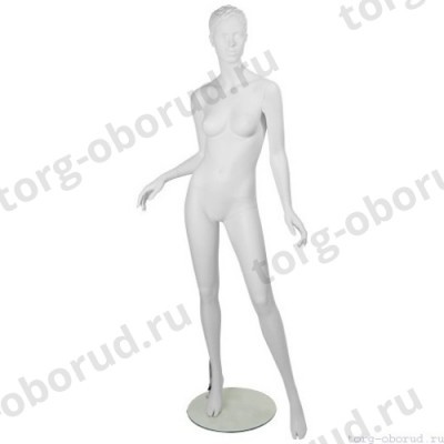Манекен женский стилизованный, скульптурный белый, для одежды в полный рост, стоячий прямо, левая нога немного отставлена вперед. MD-IN-9Mara-01M