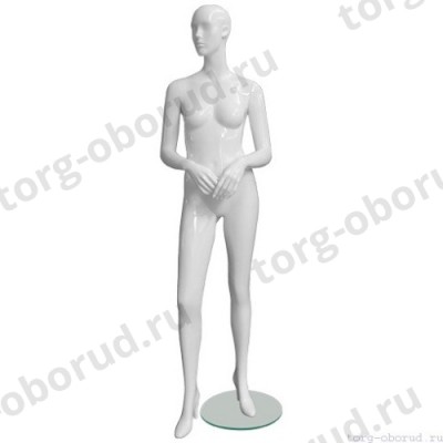 Манекен женский, белый глянцевый, абстрактный, для одежды в полный рост на круглой подставке, стоячий прямо, руки согнуты в локтях. MD-EGO 02F-01G