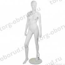 Манекен женский стилизованный, скульптурный белый, для одежды в полный рост, стоячий прямо, правая нога немного отставлена вперед. MD-IN-6Sheila-01M