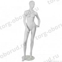 Манекен женский стилизованный, скульптурный белый, для одежды в полный рост, стоячий прямо, левая рука согнута в локте. MD-IN-8Mara-01M