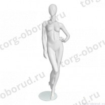 Манекен женский, глянцевый белый, абстрактный, для одежды в полный рост, стоячий прямо, согнуты левая рука и правая нога. MD-Vita Type 03F-01G