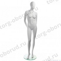 Манекен женский, белый, абстрактный, для одежды в полный рост на круглой подставке, стоячий прямо, руки убраны за спину. MD-RETRO 12F-01M