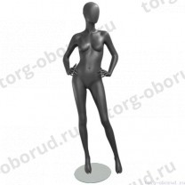 Манекен женский, серый, абстрактный, для одежды в полный рост на круглой подставке, стоячий прямо, руки согнуты в локтях. MD-GREY 01F-03M