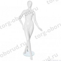 Манекен женский, белый глянцевый, абстрактный, для одежды в полный рост на круглой подставке, стоячий прямо, ноги скрещены. MD-FR-05F-01G