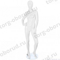 Манекен женский, белый глянцевый, абстрактный, для одежды в полный рост на круглой подставке, стоячий, правая рука согнута. MD-FR-06F-01G