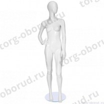 Манекен женский, белый глянцевый, абстрактный, для одежды в полный рост на круглой подставке, стоячий прямо, правая рука согнута, голова повернута налево. MD-FR-10F-01G