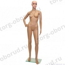 Манекен женский, пластиковый, с макияжем, телесного цвета, для одежды в полный рост, стоячий прямо, правая рука согнута в локте. MD-F-9