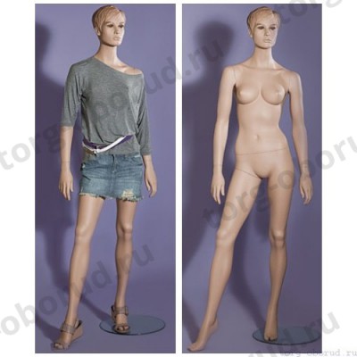 Манекен женский стилизованный, реалистичный телесный, с макияжем, для одежды в полный рост, стоячий прямо, правая нога немного отставлена в сторону. MD-L-86