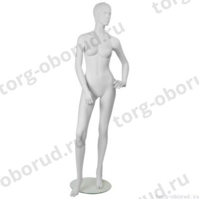 Манекен женский стилизованный, скульптурный белый, для одежды в полный рост, стоячий прямо, левая рука согнута в локте. MD-IN-8Mara-01M