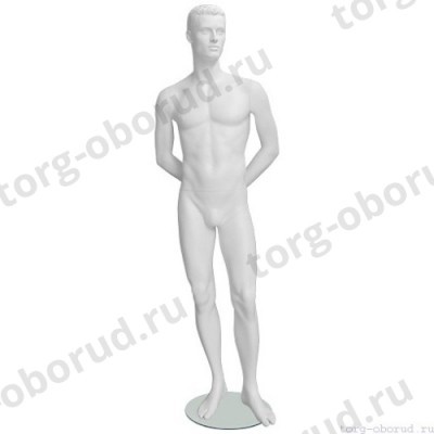 Манекен мужской стилизованный, скульптурный белый, для одежды в полный рост, стоячий прямо, руки убраны за спину. MD-IN-34Alex-01M