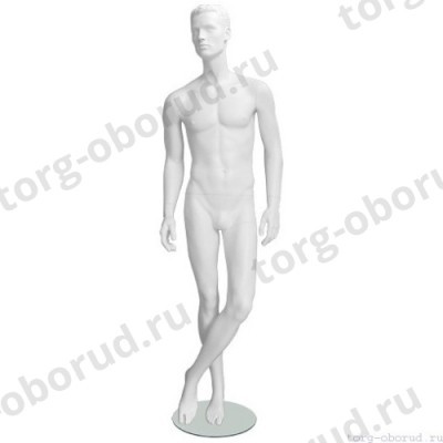 Манекен мужской стилизованный, скульптурный белый, для одежды в полный рост, стоячий прямо, левая нога согнута. MD-IN-35Alex-01M