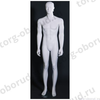 Манекен мужской стилизованный, скульптурный белый, для одежды в полный рост, стоячий прямо, классическая поза. MD-MW-16