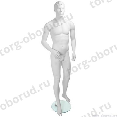 Манекен мужской стилизованный, скульптурный белый, для одежды в полный рост, стоячий прямо, левая рука согнута в локте. MD-Tom Pose 03