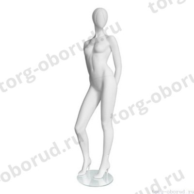 Манекен женский, глянцевый белый, абстрактный, для одежды в полный рост, стоячий прямо, правая нога согнута, руки убраны за спину. MD-Vita Type 02F-01M