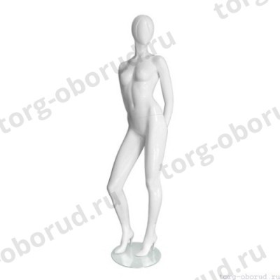 Манекен женский, глянцевый белый, абстрактный, для одежды в полный рост, стоячий прямо, правая нога согнута, руки убраны за спину. MD-Vita Type 02F-01G