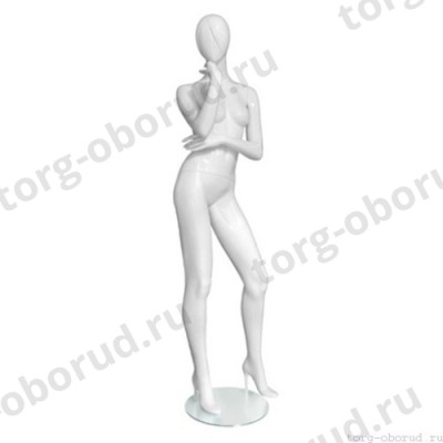 Манекен женский, глянцевый белый, абстрактный, для одежды в полный рост, стоячий прямо, руки согнуты в локтях. MD-Vita Type 05F-01G