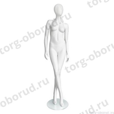 Манекен женский, глянцевый белый, абстрактный, для одежды в полный рост, стоячий прямо, ноги скрещены. MD-Vita Type 06F-01M