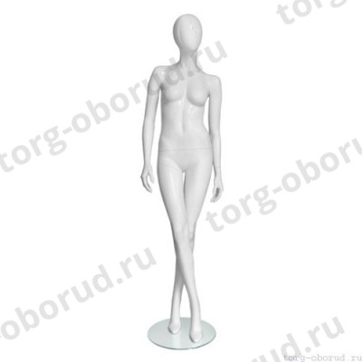 Манекен женский, глянцевый белый, абстрактный, для одежды в полный рост, стоящий прямо, ноги скрещены. MD-Vita Type 06F-01G