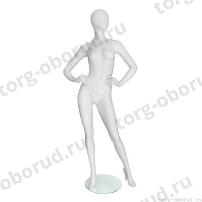Манекен женский, глянцевый белый, абстрактный, для одежды в полный рост, стоящий прямо, руки согнуты в локтях. MD-Vita Type 07F-01G