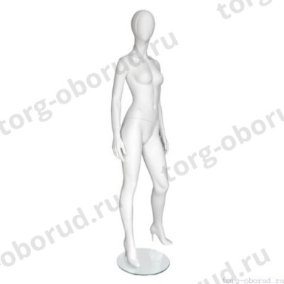 Манекен женский, глянцевый белый, абстрактный, для одежды в полный рост, стоящий прямо, левая нога немного отставлена в сторону. MD-Vita Type 08F-01M