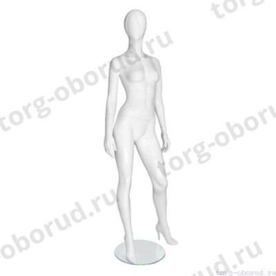 Манекен женский, глянцевый белый, абстрактный, для одежды в полный рост, стоящий прямо, левая нога немного отставлена в сторону. MD-Vita Type 08F-01G