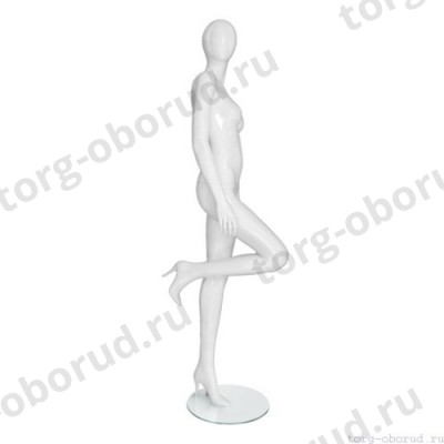 Манекен женский, глянцевый белый, абстрактный, для одежды в полный рост, стоящий, правая нога согнута в колене. MD-Vita Type 09F-01G