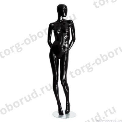 Манекен женский, глянцевый черный, абстрактный, для одежды в полный рост, стоячий прямо, руки убраны за спину. MD-Storm Type 04F-02G