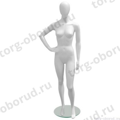 Манекен женский, белый, абстрактный, для одежды в полный рост, стоячий прямо, левая рука согнута в локте. MD-Glance Matte 19