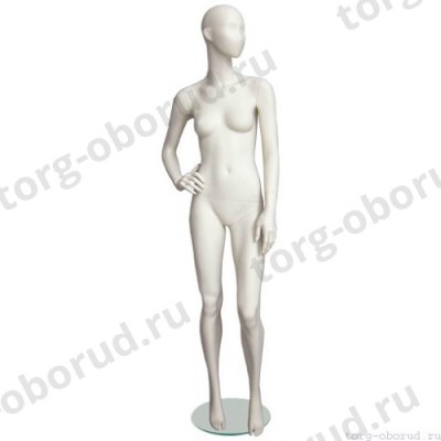 Манекен женский, абстрактный, для одежды в полный рост, на круглой подставке, цвет слоновая кость, стоячий, правая рука согнута в локте. MD-Solo Type 07F-07M