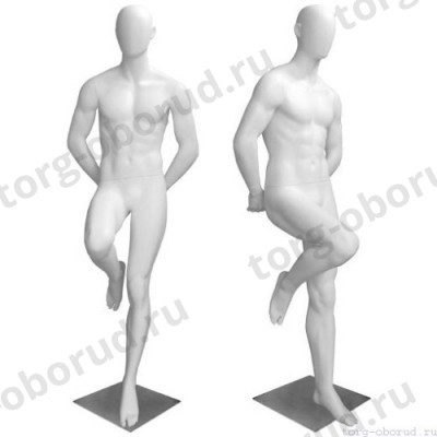 Манекен мужской, белый, абстрактный, для одежды в полный рост на квадратной подставке, стоячий, правая нога согнута в колене. MD-Bingo Type 34M-01M