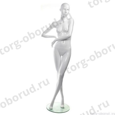 Манекен женский, белый, абстрактный, для одежды в полный рост на круглой подставке, стоячий со скрещенными ногами, правая рука согнута. MD-TANGO 01F-01G