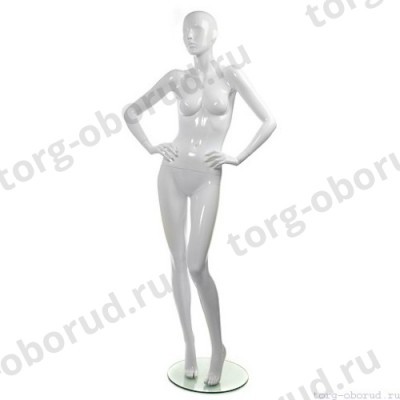 Манекен женский, белый глянцевый, абстрактный, для одежды в полный рост на круглой подставке, стоячий, руки согнуты в локтях. MD-TANGO 09F-01G