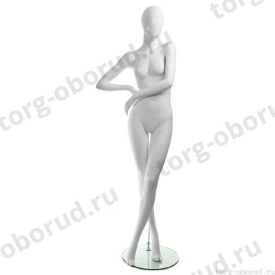 Манекен женский, белый, абстрактный, для одежды в полный рост на круглой подставке, стоячий, ноги скрещены. MD-RETRO 01F-01M