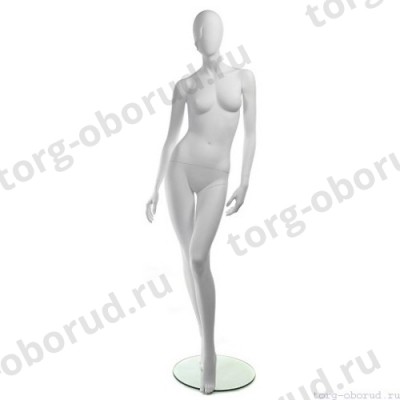 Манекен женский, белый, абстрактный, для одежды в полный рост на круглой подставке, стоячий прямо, левая нога немного согнута. MD-RETRO 03F-01M
