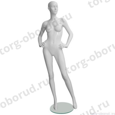 Манекен женский, белый глянцевый, абстрактный, для одежды в полный рост на круглой подставке, стоячий прямо, руки согнуты в локтях. MD-EGO 01F-01G