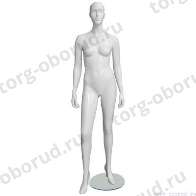 Манекен женский, белый глянцевый, абстрактный, для одежды в полный рост на круглой подставке, стоячий прямо, классическая поза. MD-EGO 03F-01G