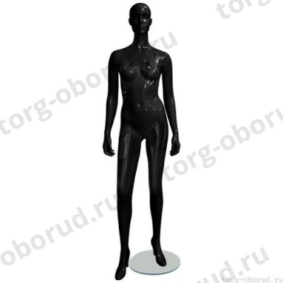Манекен женский, черный глянцевый, абстрактный, для одежды в полный рост на круглой подставке, стоячий прямо, классическая поза. MD-EGO 03F-02G