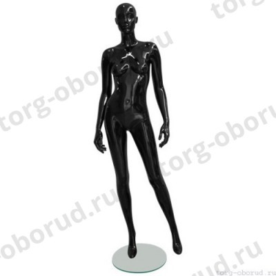 Манекен женский, черный глянцевый, абстрактный, для одежды в полный рост на круглой подставке, стоячий, левая нога немного отведена вбок. MD-EGO 05F-02G