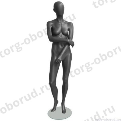 Манекен женский, серый, абстрактный, для одежды в полный рост на круглой подставке, стоячий прямо, правая рука согнута в локте. MD-GREY 02F-03M
