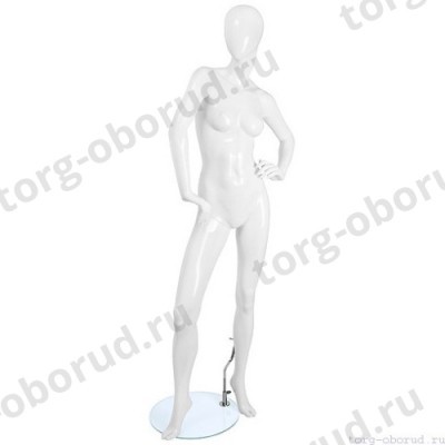 Манекен женский, белый глянцевый, абстрактный, для одежды в полный рост на круглой подставке, стоячий полу-боком, руки согнуты в локтях. MD-FR-02F-01G