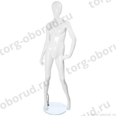 Манекен женский, белый глянцевый, абстрактный, для одежды в полный рост на круглой подставке, стоячий прямо, левая рука согнута. MD-FR-03F-01G