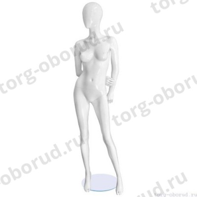 Манекен женский, белый глянцевый, абстрактный, для одежды в полный рост на круглой подставке, стоячий прямо, руки убраны за спину. MD-FR-09F-01G