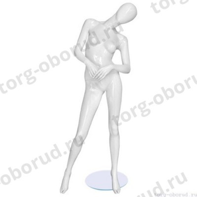 Манекен женский, белый глянцевый, абстрактный, для одежды в полный рост на круглой подставке, стоячий прямо, правая нога немного отставлена вбок, голова наклонена налево. MD-FR-11F-01G
