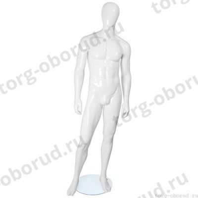 Манекен мужской, белый глянцевый, абстрактный, для одежды в полный рост на круглой подставке, стоячий прямо. MD-FR-31M-01G