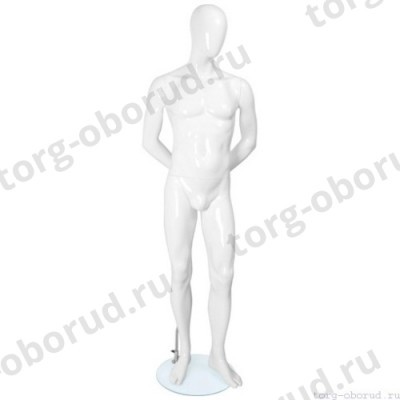 Манекен мужской, белый глянцевый, абстрактный, для одеждый в полный рост на круглой подставке, стоячий прямо, руки убраны за спину. MD-FR-32M-01G