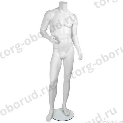 Манекен мужской, скульпутрный, без головы, для одежды в полный рост, цвет белый, правая рука согнута в локте. MD-Smart (headless) Pose 02-01M