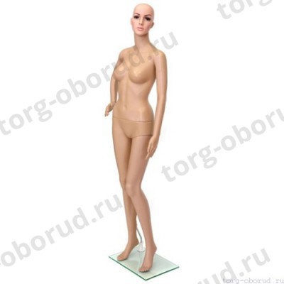 Манекен женский, пластиковый, с макияжем, телесного цвета, для одежды в полный рост, стоячий прямо, правая рука согнута в локте. MD-F-1