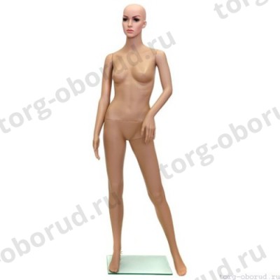 Манекен женский, пластиковый, с макияжем, телесного цвета, для одежды в полный рост, стоячий прямо, левая нога немного отставлена в сторону. MD-F-4