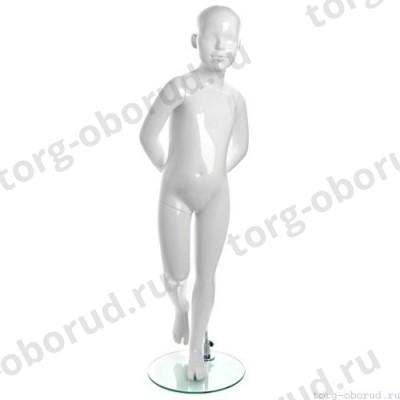 Манекен детский, стилизованный, белый глянец, для одежды в полный рост, на 4 года, стоячий, руки убраны за спину. MD-Peppy Abstract 03-01G