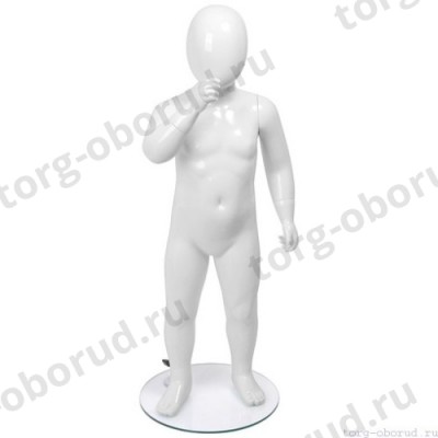 Манекен детский, стилизованный, белый глянец, для одежды в полный рост, на 3 года, стоячий, правая рука согнута в локте. MD-FRJ-03C-01G
